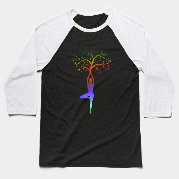 Multi-Color Yoga Tree Pose Balancing Asana Baseball T-Shirt by Bluepress